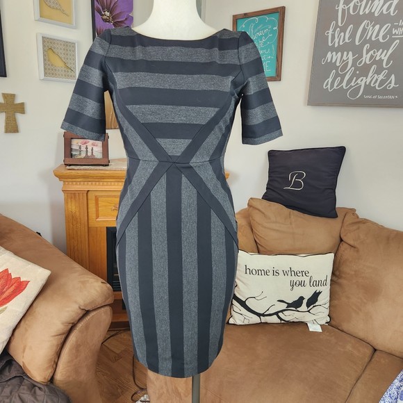 Maeve Dresses & Skirts - Anthropologie Maeve Geoplane Pencil Dress Striped Fitted Black Gray Size 2